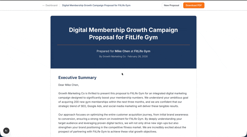 ProposalForge generating a professional proposal